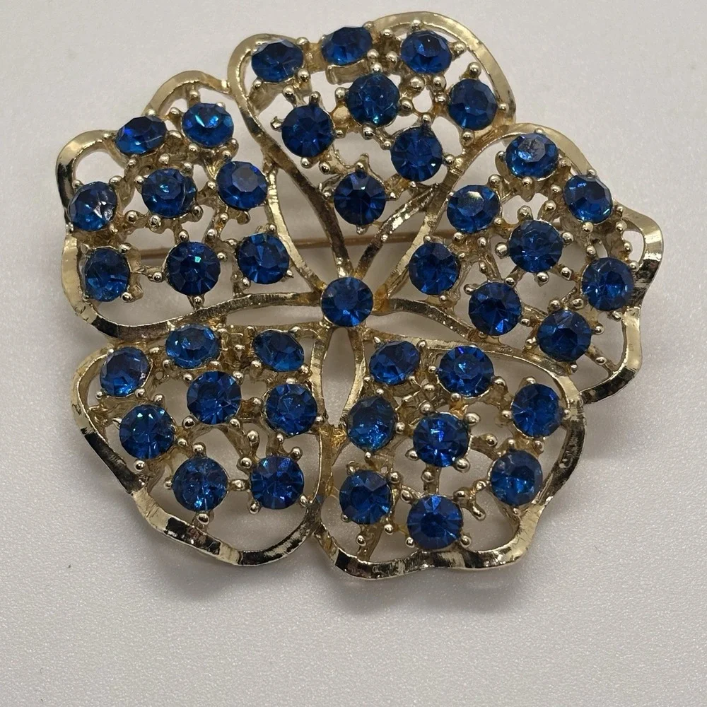 Vintage‎ Brooch Blue Rhinestone Pin Costume Jewelry Retro Statement